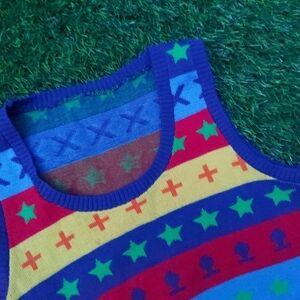 Kenzo J.A.P Designer Vintage Sweater Vest Clowncore Kidcore Blue Red Green Small